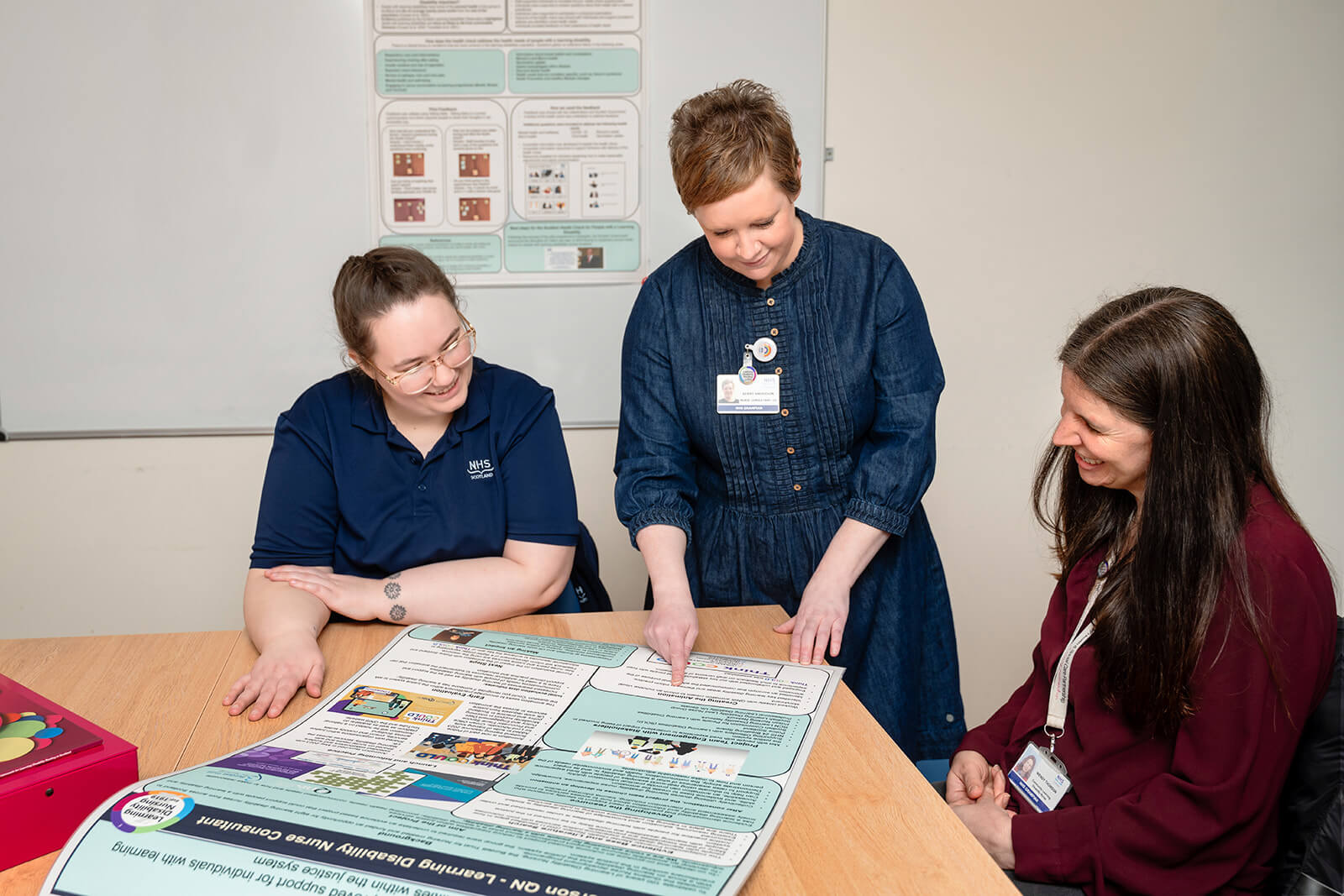 Three people seated and standing around a table, smiling and discussing a large printed poster. One person points to the poster while the others look on. Two are wearing work identification badges. One person is in an NHS uniform, another in a dark dress, and another in a dark red shirt. A whiteboard with another poster is visible in the background.
