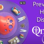 White text on a purple background Preventing Heart Disease with two white text logos underneath Qnis The Queen's Nursing Institute Scotland Burdett Trust for Nursing. On the left a circular image showing fruit, vegetables, a pair of white shoes, cigarettes and powder, with a red heart that has holes in it in the middle of the circle