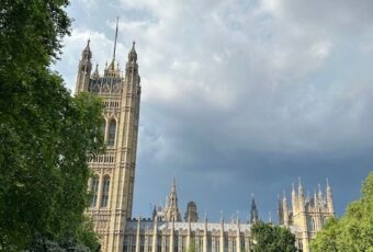 A colour image of the view of the Palace of Westminster in London, showing the Victoria Tower on the left and the ornate Gothic architecture of the Houses of Parliament. The building is framed by green trees on both sides, with a grassy park area in the foreground and a dramatic sky with dark clouds above.